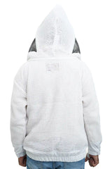 3 layer ventilated mesh beekeeping jacket back view with the veil hood folded up at the back