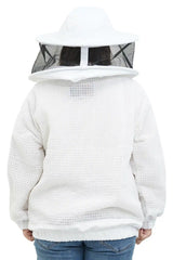 3 layer ventilated mesh beekeeping jacket back view with the round veil hood lowered