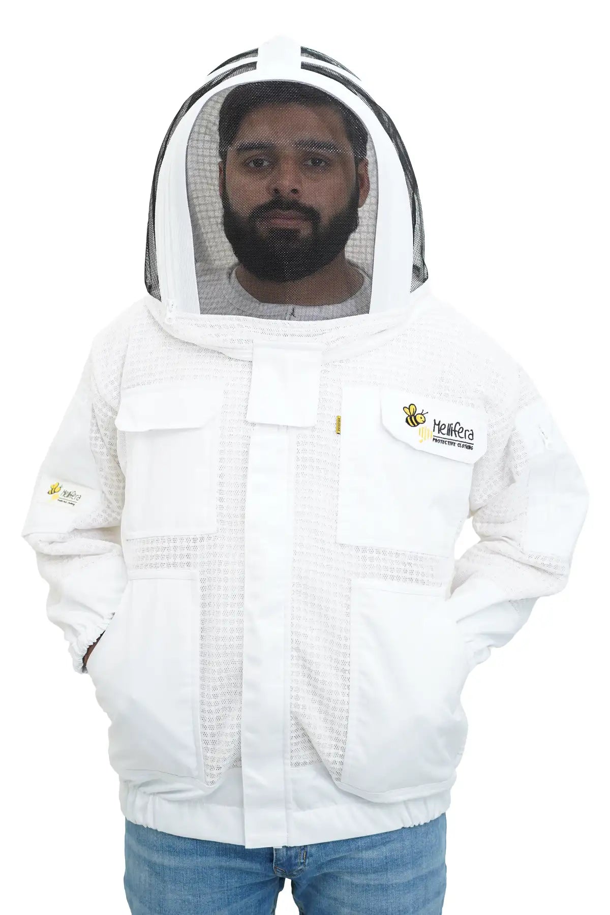 3 layer ventilated mesh beekeeping jacket front view with the fencing veil