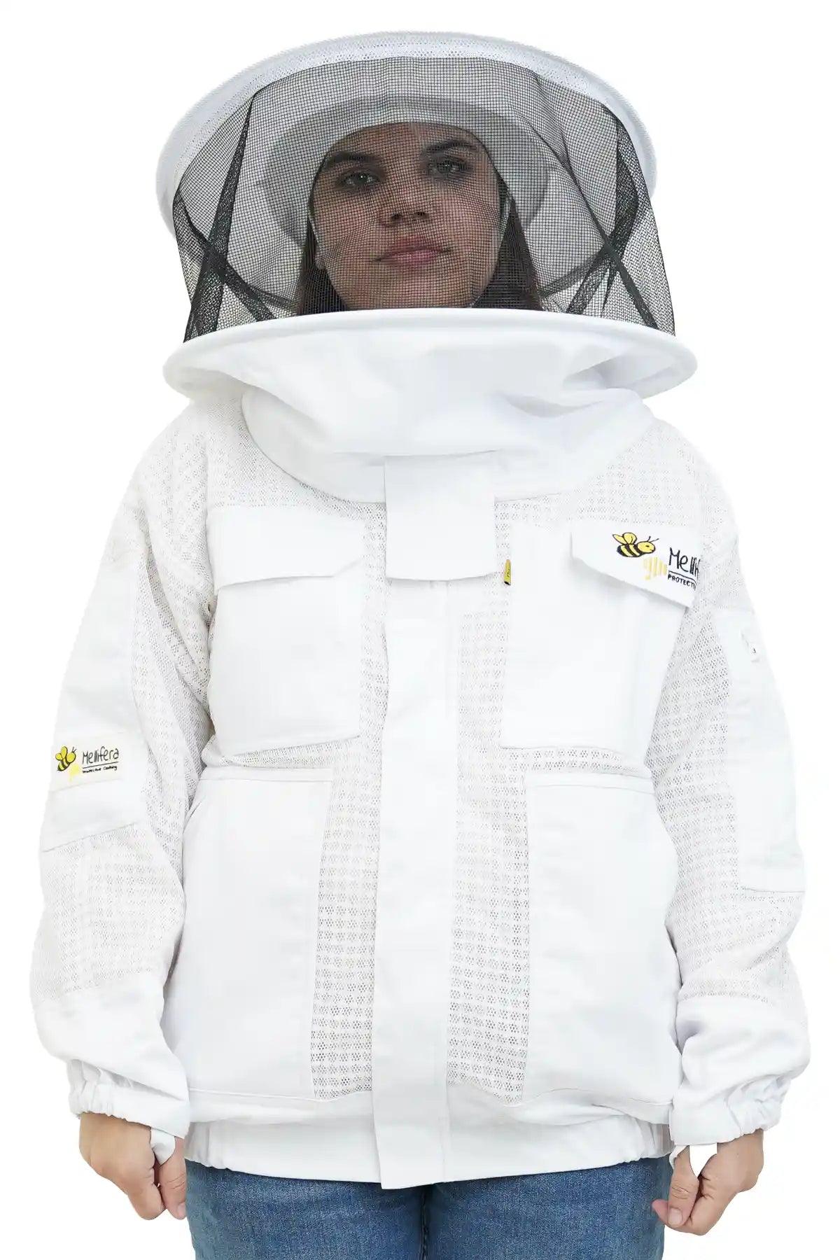 3 layer ventilated mesh beekeeping jacket front view with the round veil hood lowered