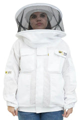 3 layer ventilated mesh beekeeping jacket front view with the round veil hood lowered