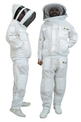 3 layer ventilated mesh beekeeping jacket and trouser set shown on two models wearing the fencing veil and the round hat veil