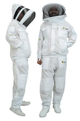 3 layer ventilated mesh beekeeping jacket and trouser set shown on two models wearing the fencing veil and the round hat veil
