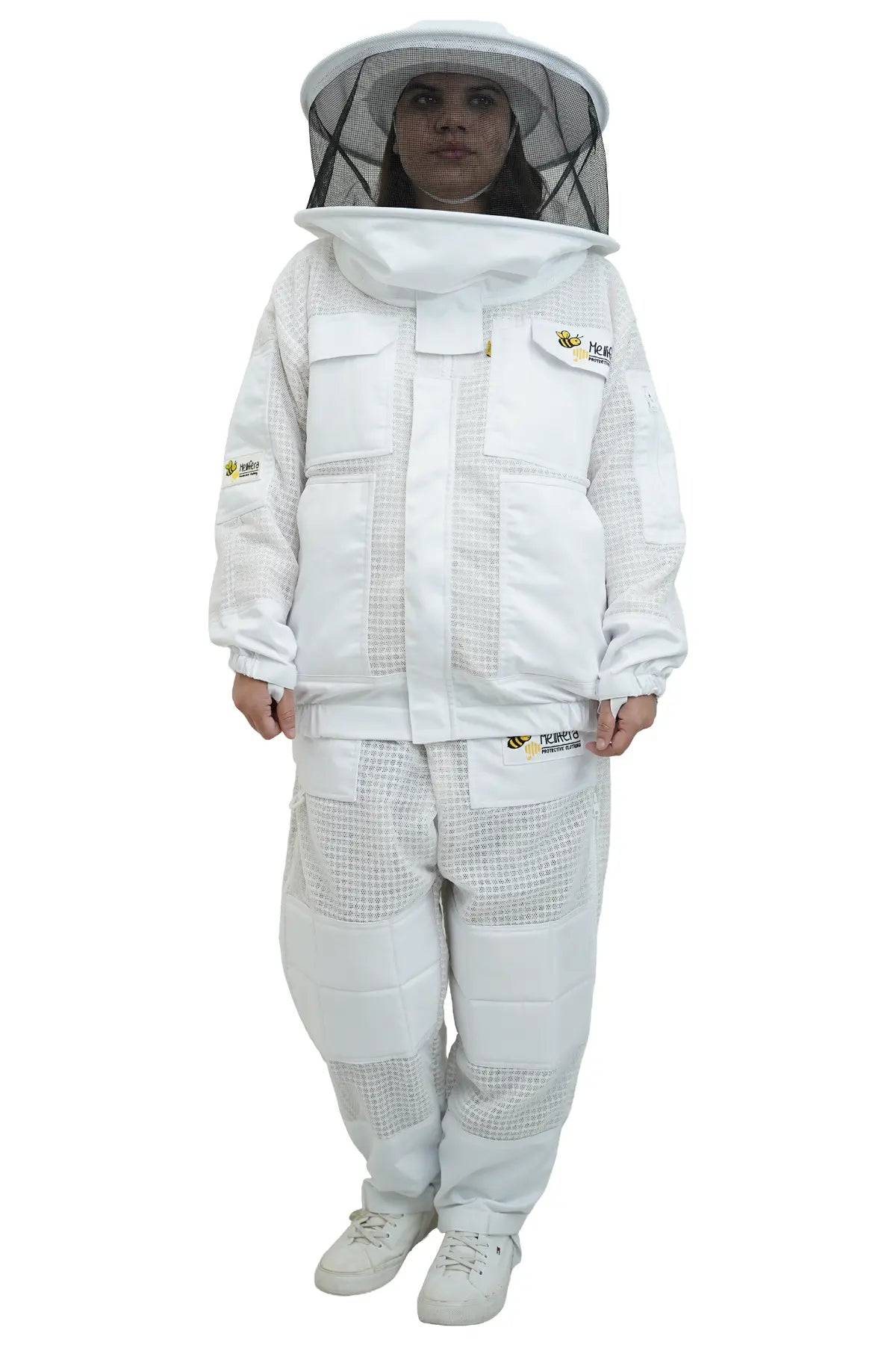 3 layer ventilated mesh beekeeping jacket and trouser set front view with the round hat veil