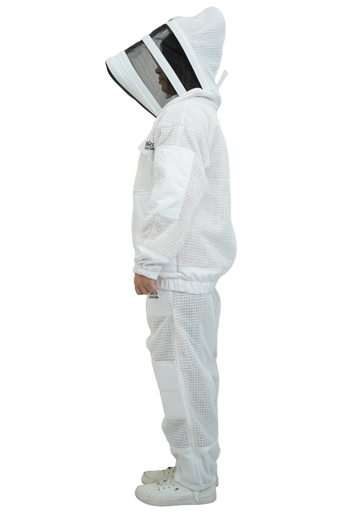 3 layer ventilated mesh beekeeping jacket and trouser set side view with the veil hood folded up at the back