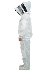 3 layer ventilated mesh beekeeping jacket and trouser set side view with the veil hood folded up at the back
