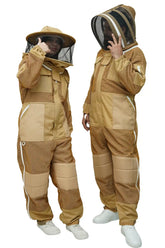 Two beekeepers wearing khaki 3-layer mesh beekeeping suit – one with round hat veil, one with fencing veil – dual veil options for men and women – USA