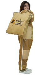 Female beekeeper in khaki 3-layer mesh beekeeping jacket and trousers set with Mellifera storage bag