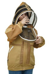 Beekeeper drinking water through the round veil of the khaki 3 layer ventilated mesh beekeeping jacket