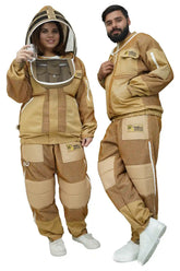 Male and female models in khaki 3-layer mesh beekeeping jacket and trousers set with dual veils
