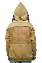 Khaki poly cotton semi ventilated beekeeping jacket back view with the veil hood folded up at the back