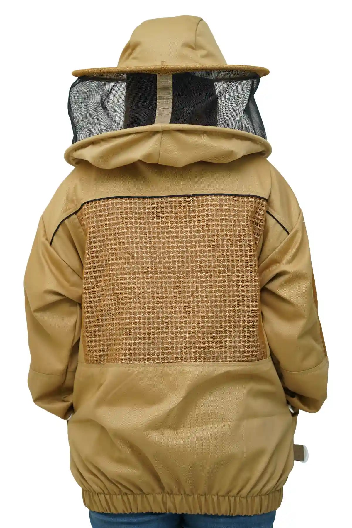 Khaki poly cotton semi ventilated beekeeping jacket back view with the round hat veil