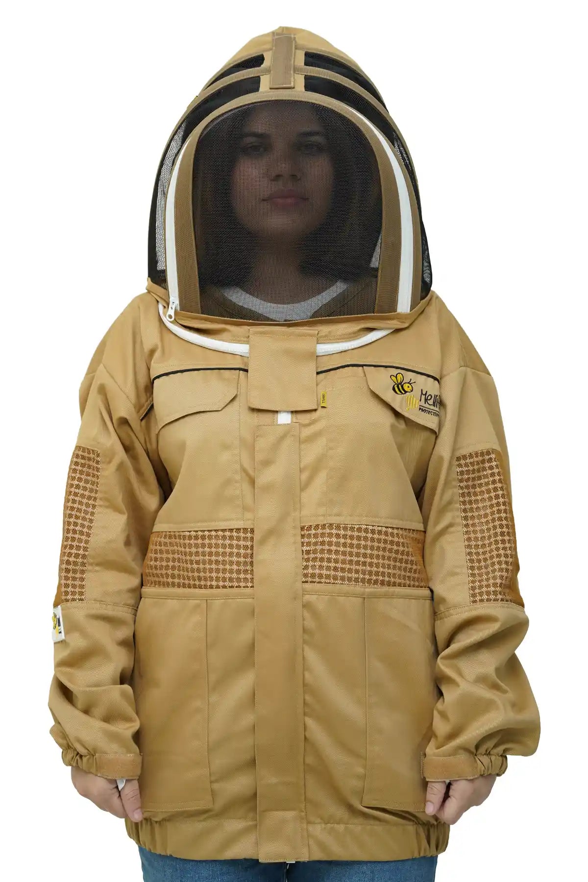 Khaki poly cotton semi ventilated beekeeping jacket front view with the fencing veil