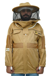 Khaki poly cotton semi ventilated beekeeping jacket front view with the round hat veil