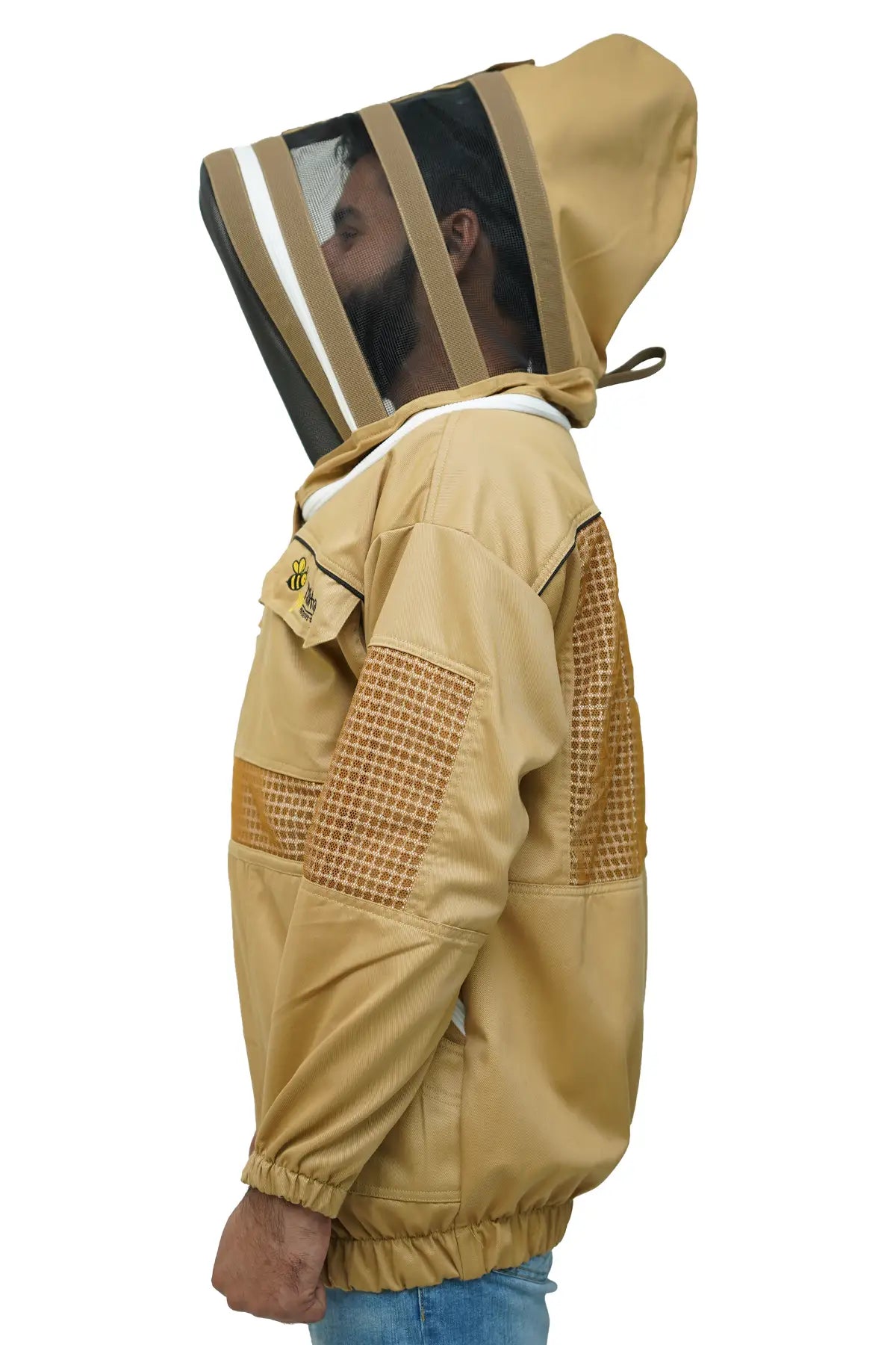 Khaki poly cotton semi ventilated beekeeping jacket side view with the fencing veil