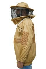 Khaki poly cotton semi ventilated beekeeping jacket side view with the round hat veil