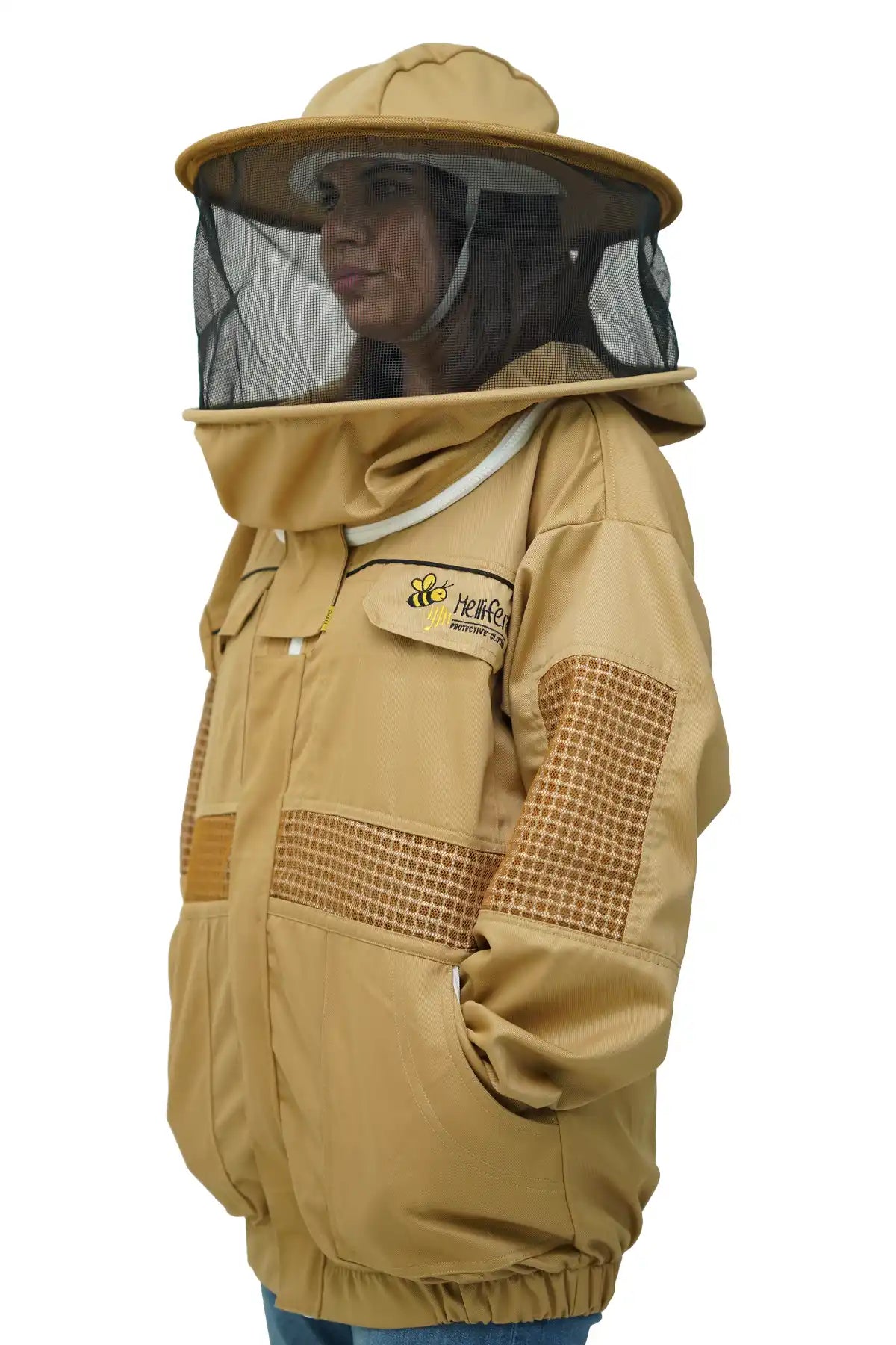 Khaki poly cotton semi ventilated beekeeping jacket side view with the round hat veil
