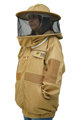 Khaki poly cotton semi ventilated beekeeping jacket side view with the round hat veil