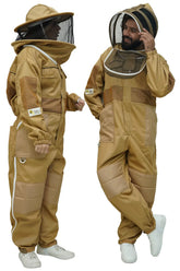 Khaki poly cotton semi ventilated beekeeping suit shown on two models wearing the fencing veil and the round hat veil