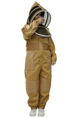 Beekeeper drinking water through the fencing veil of the khaki poly cotton semi ventilated beekeeping suit