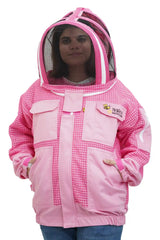 Pink 3 layer ventilated mesh beekeeping jacket front view with the fencing veil