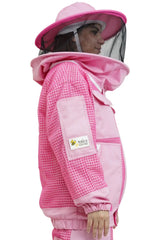Pink 3 layer ventilated mesh beekeeping jacket side view with the round hat veil