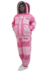 Pink 3 layer ventilated mesh beekeeping jacket and trouser set front view with the round hat veil
