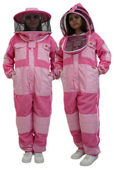Pink 3 layer ventilated mesh beekeeping suit shown on two models wearing the fencing veil and the round hat veil