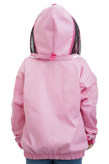 Pink poly cotton beekeeping jacket back view with the veil hood folded up at the back