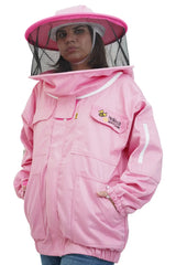 Pink poly cotton beekeeping jacket front view with the round hat veil