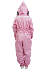 Pink poly cotton beekeeping suit back view with the veil hood folded up at the back
