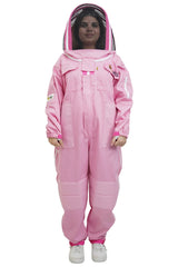 Pink poly cotton beekeeping suit front view with the fencing veil