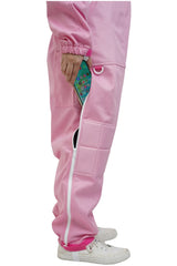 Close-up of the thigh zip pocket holding a smartphone on the pink poly cotton beekeeping suit