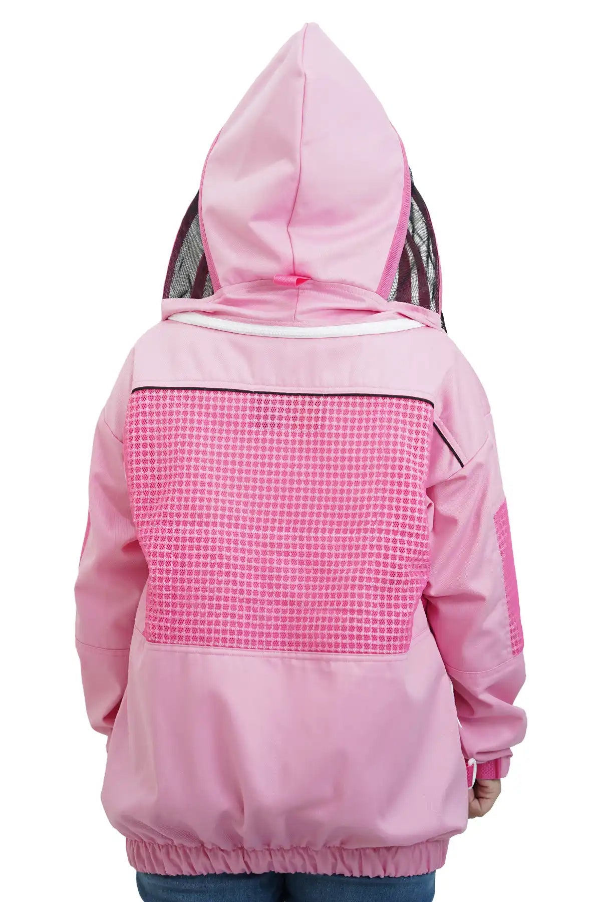 Pink poly cotton semi ventilated beekeeping jacket back view with the veil hood folded up at the back
