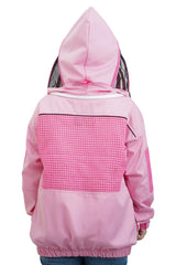 Pink poly cotton semi ventilated beekeeping jacket back view with the veil hood folded up at the back