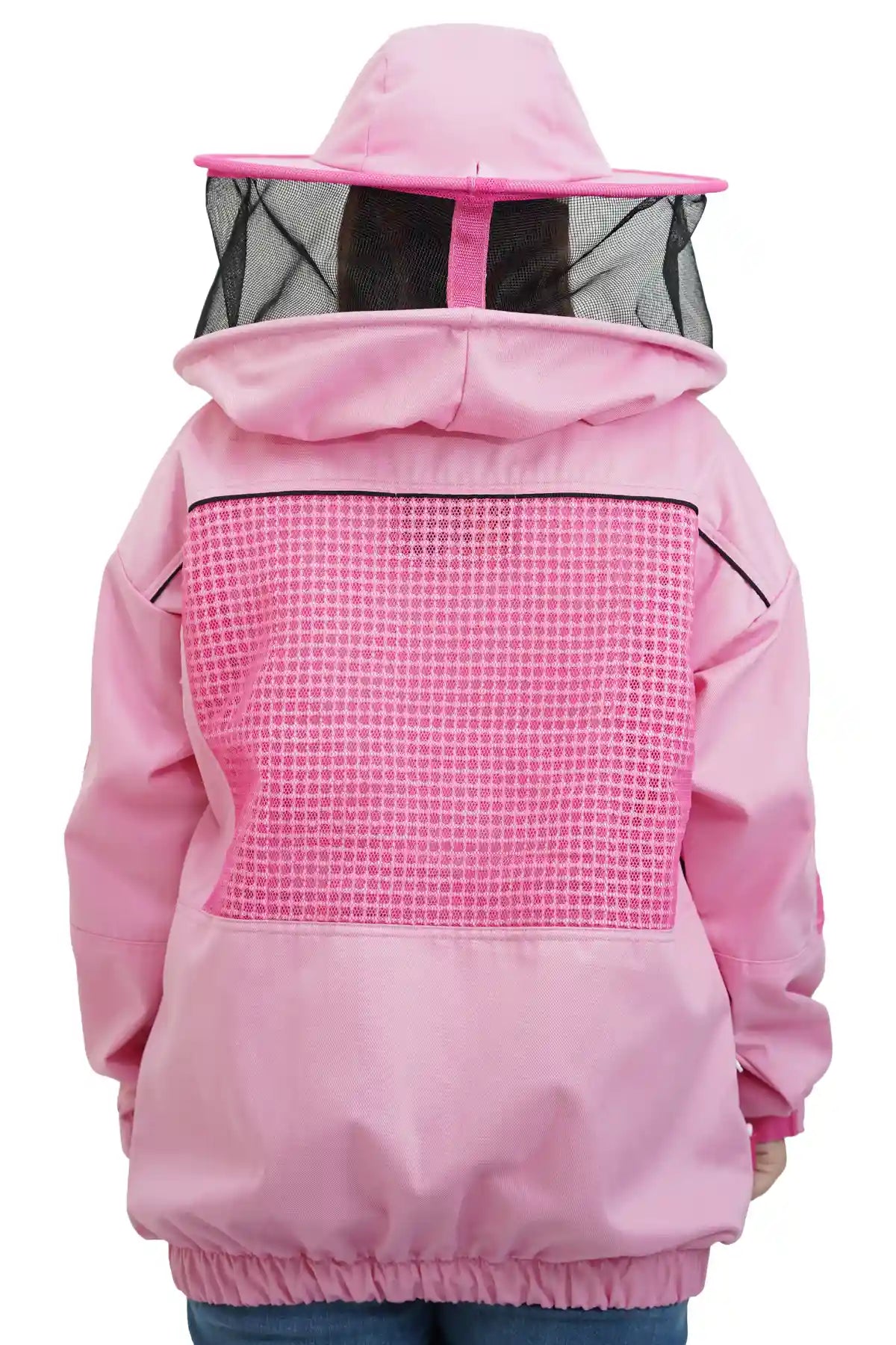 Pink poly cotton semi ventilated beekeeping jacket back view with the round hat veil