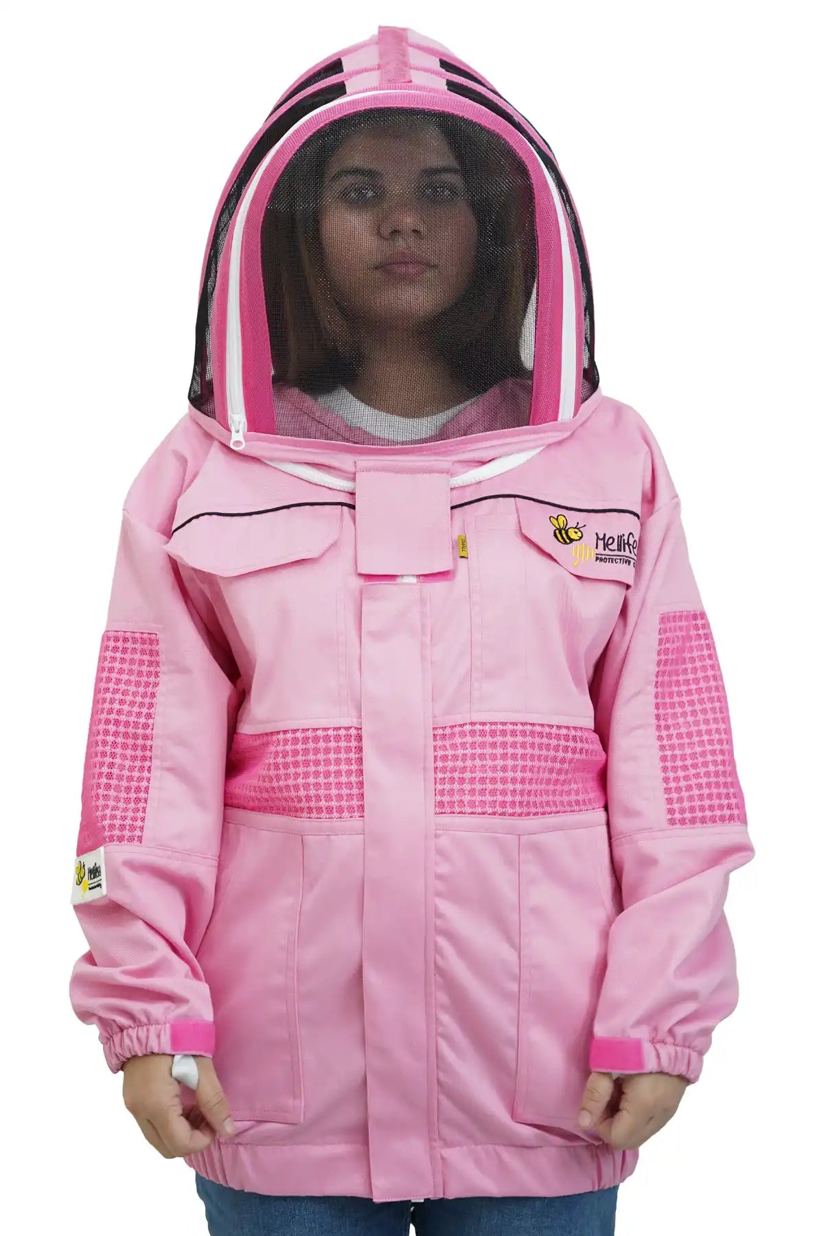 Pink poly cotton semi ventilated beekeeping jacket front view with the fencing veil