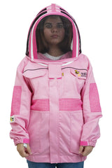 Pink poly cotton semi ventilated beekeeping jacket front view with the fencing veil