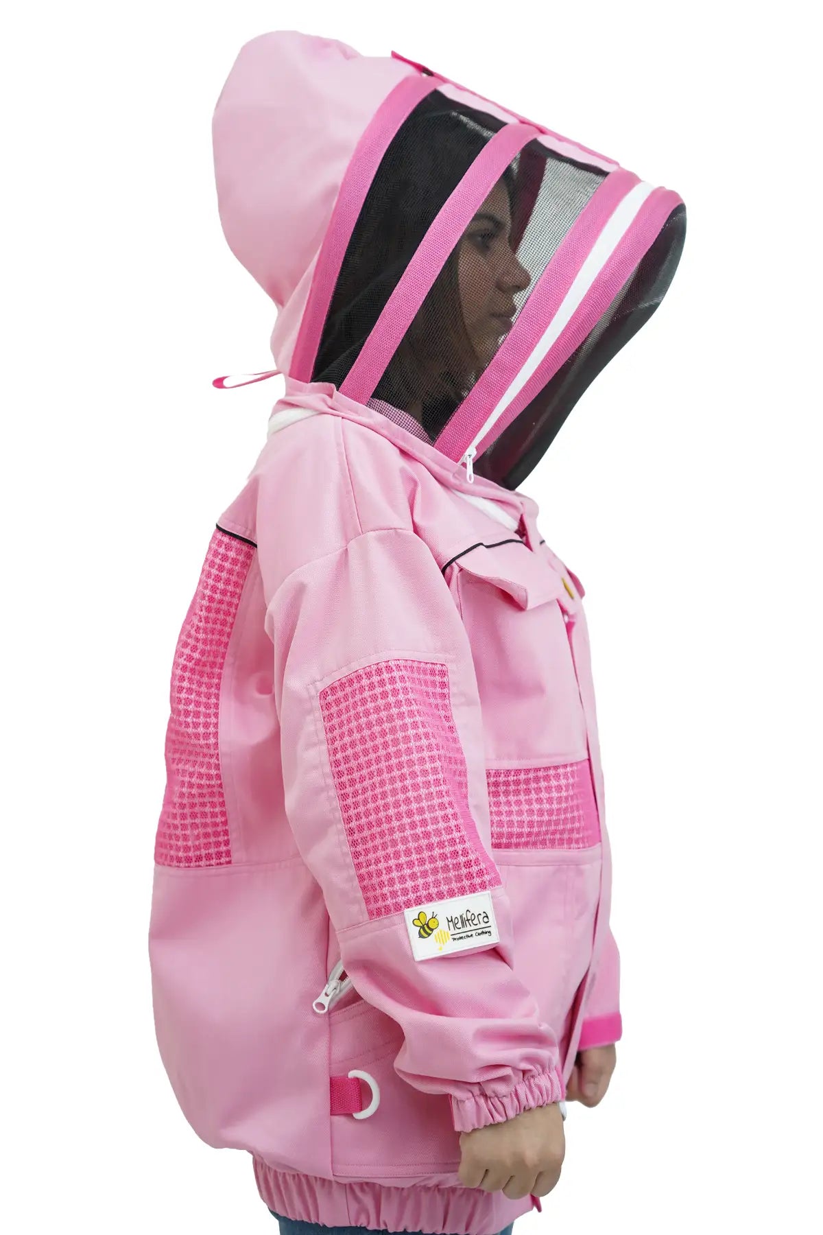 Pink poly cotton semi ventilated beekeeping jacket side view with the fencing veil