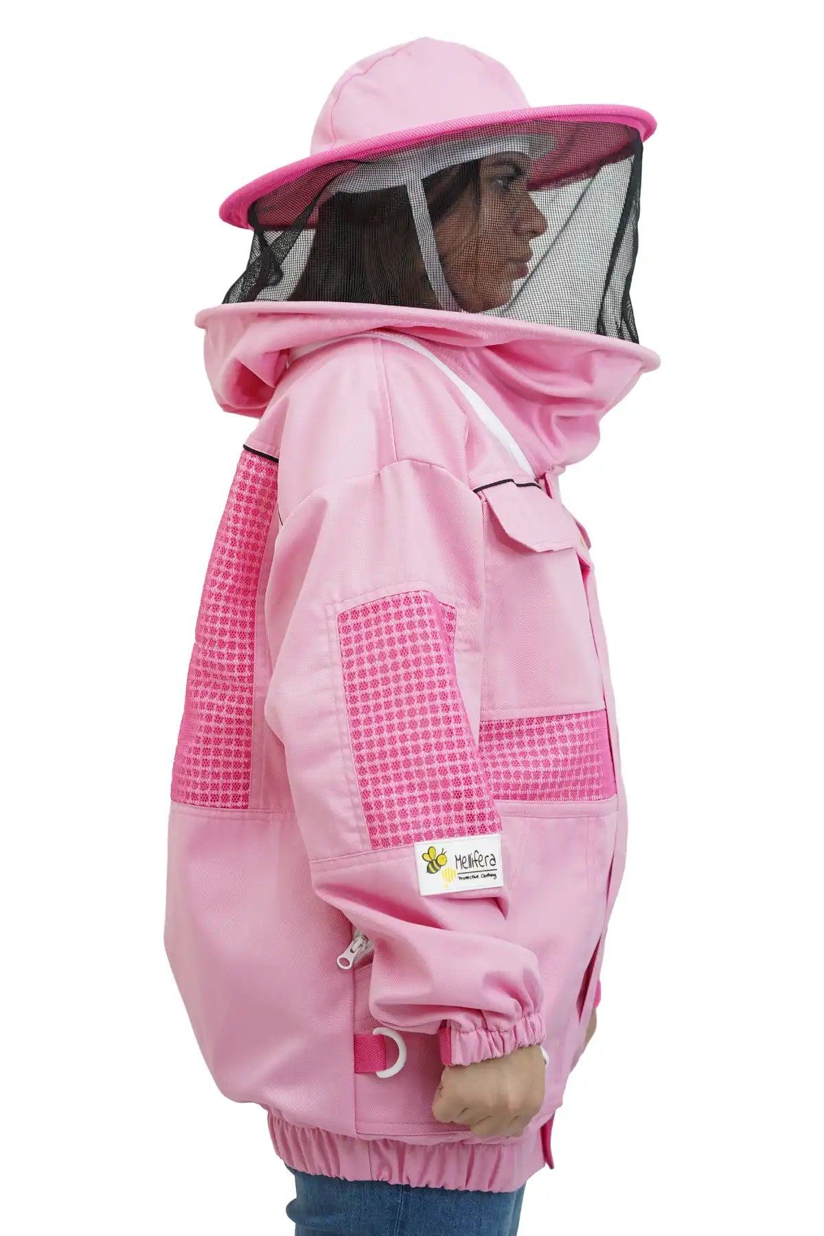 Pink poly cotton semi ventilated beekeeping jacket side view with the round hat veil