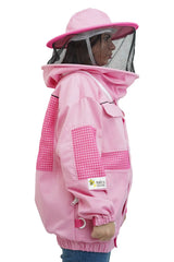 Pink poly cotton semi ventilated beekeeping jacket side view with the round hat veil