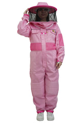 Pink poly cotton semi ventilated beekeeping suit front view with the round hat veil