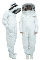 Poly cotton beekeeping suit shown on two models wearing the fencing veil and the round hat veil