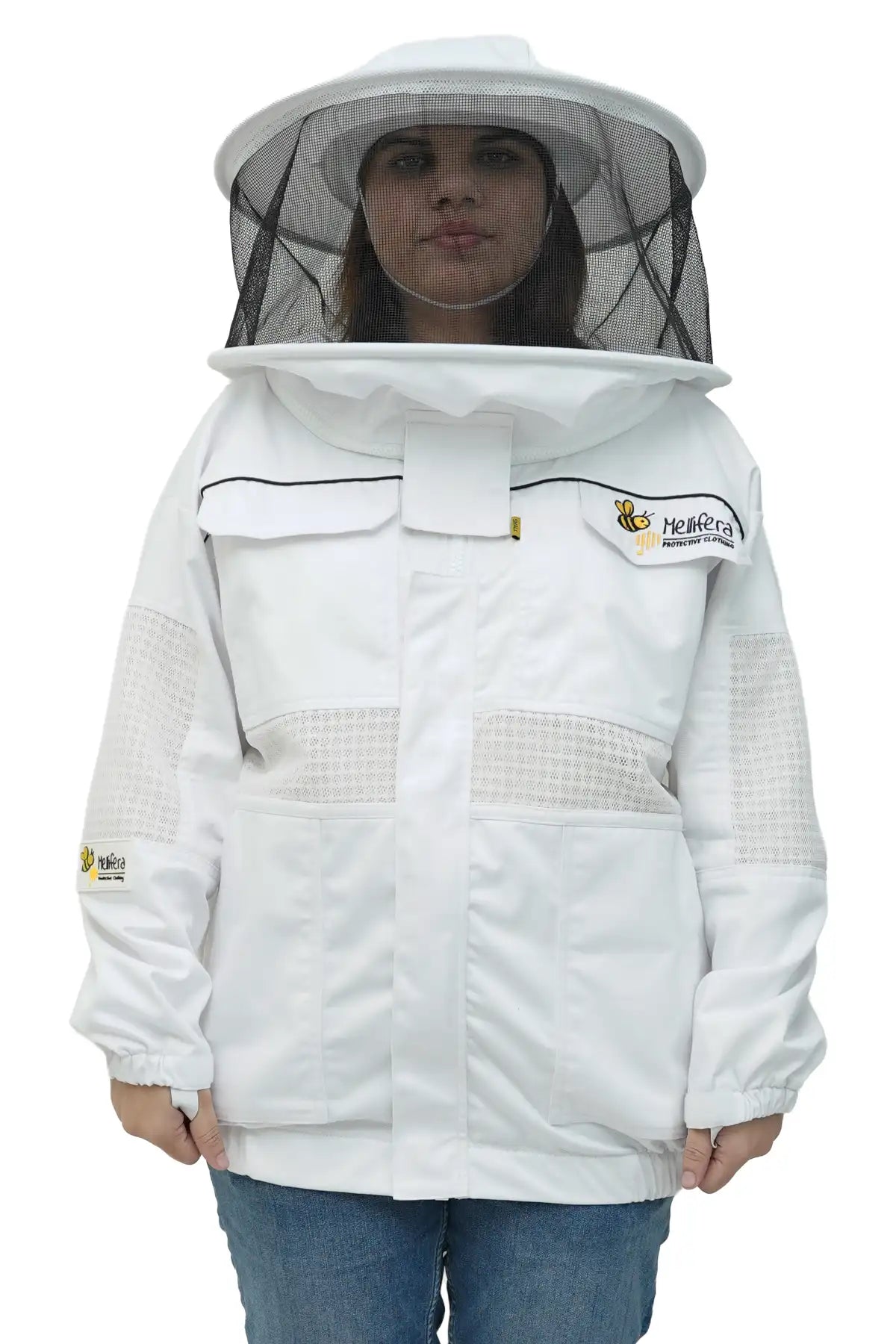 Poly cotton semi ventilated beekeeping jacket front view with the round hat veil