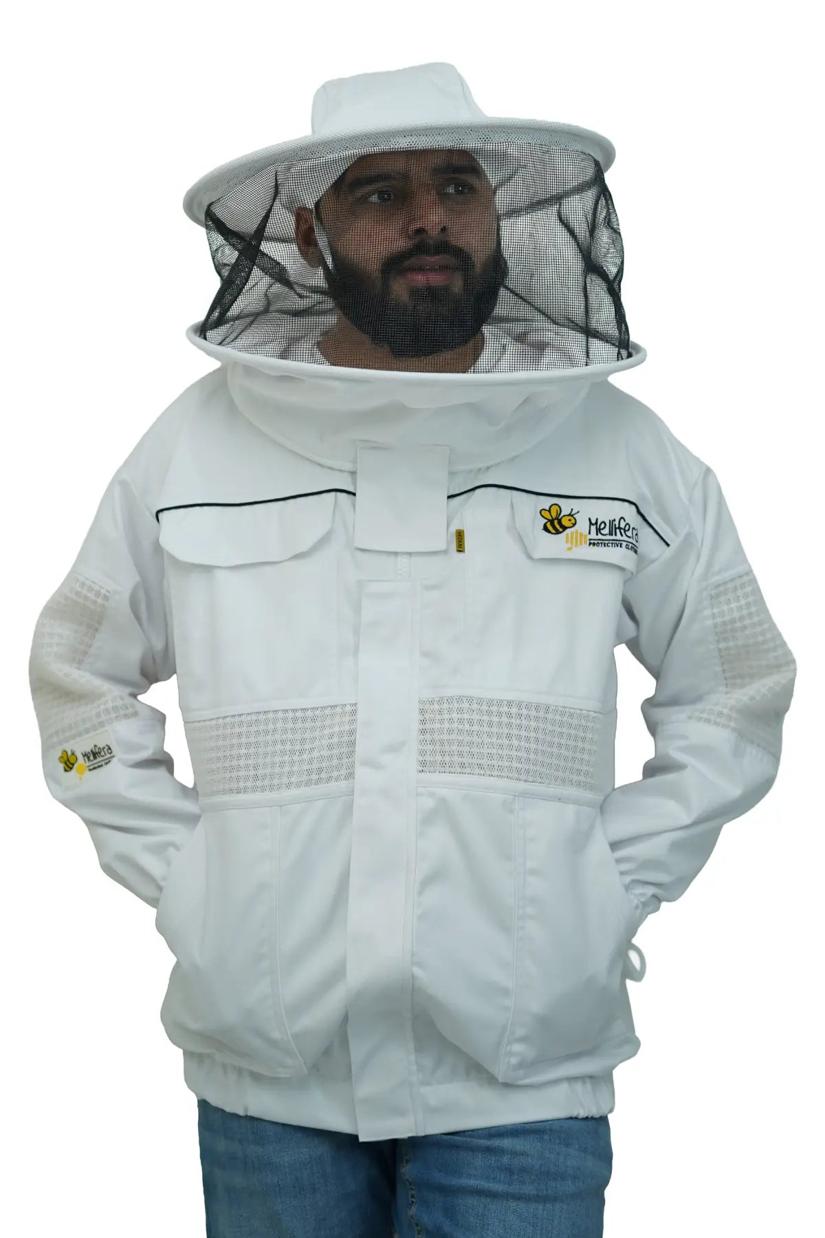Poly cotton semi ventilated beekeeping jacket front view with the round hat veil