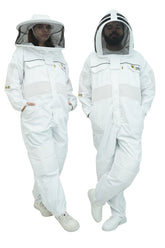Poly cotton semi ventilated beekeeping suit shown on two models wearing the fencing veil and the round hat veil