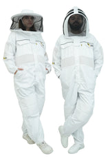 Poly cotton semi ventilated beekeeping suit shown on two models wearing the fencing veil and the round hat veil