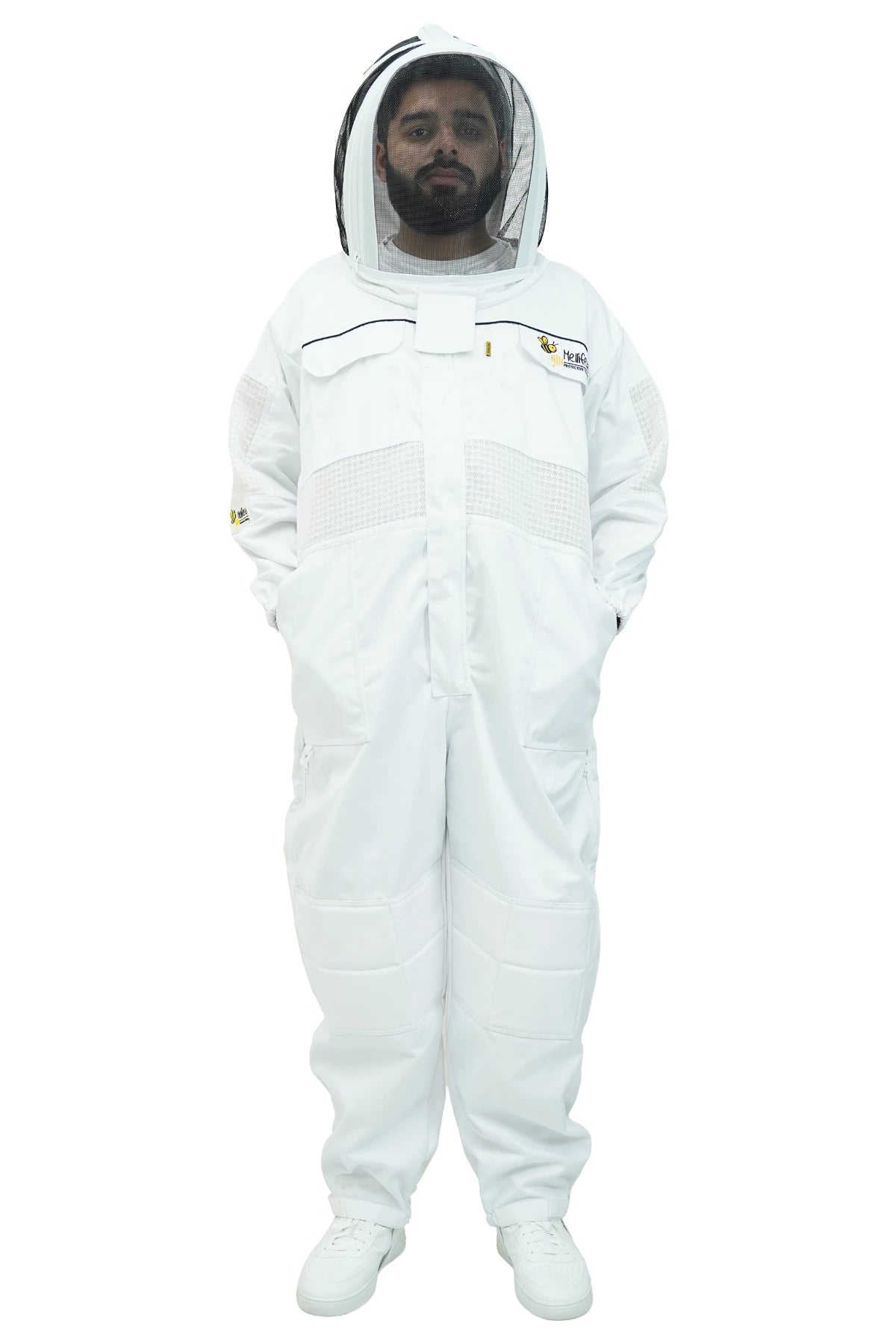 Poly cotton semi ventilated beekeeping suit front view with the round hat veil