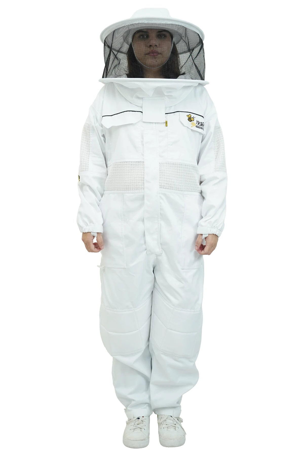 Poly cotton semi ventilated beekeeping suit front view with the round hat veil