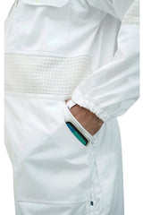 Close-up of the side pocket and mesh ventilation panel on the poly cotton semi ventilated beekeeping suit